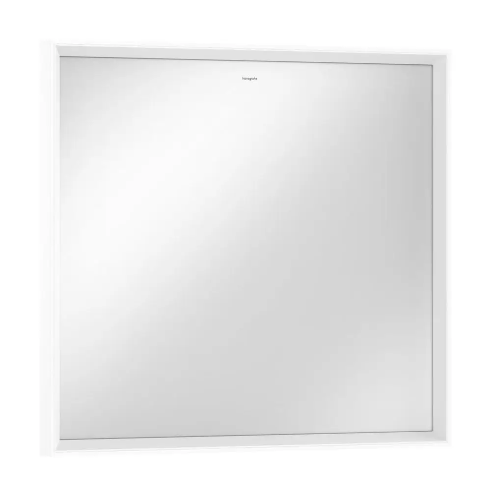 Spiegel mit LED-Beleuchtung in mattem Weiß, rechteckige Form, klare Fläche, von Hansgrohe, geeignet für Wohn- oder Badezimmer. IR-Sensor zur Steuerung der Beleuchtung.